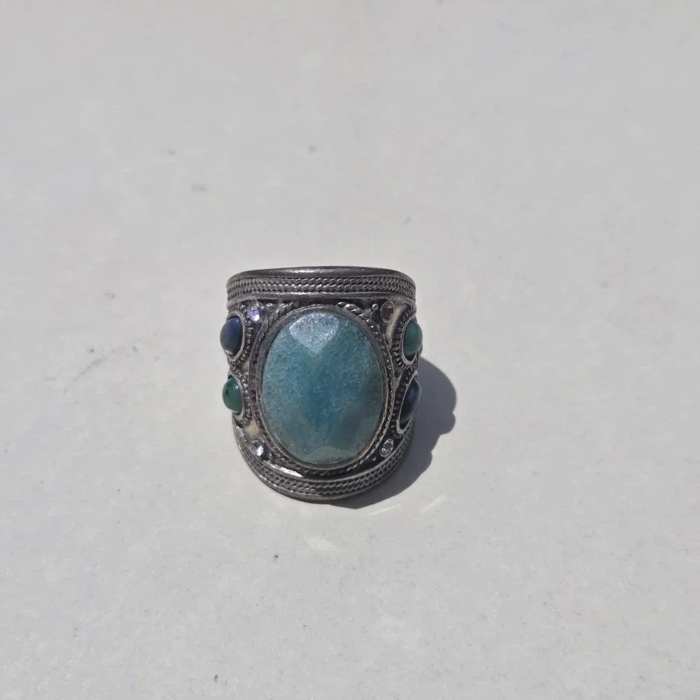 Vintage 925 Sterling Silver Mixed Stone Boho Statement Ring Size 7.25 Blue Green